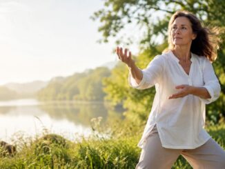 Frau macht Tai-Chi am Seeufer