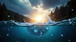 Element Wasser: stilisierte Wasseroberfläche vor bewaldeten Ufern im Sonnenlicht