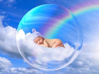 Symbolmontage zu 25 Botschaften: Baby in einer Blase vor Himmel und Regenbogen