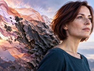 Hinter einer Frau lösen sich dunkle Steinschichten in farbige Schleier auf