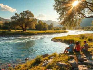 Spirituelle Reisen erleben – drei Menschen sitzen an einem sonnigen Flussufer