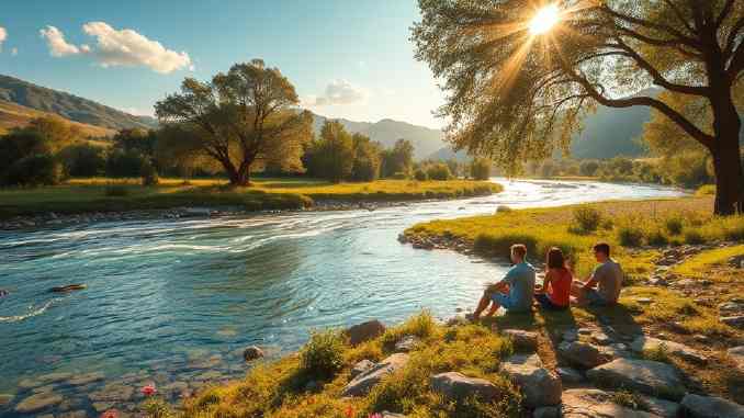 Spirituelle Reisen erleben – drei Menschen sitzen an einem sonnigen Flussufer
