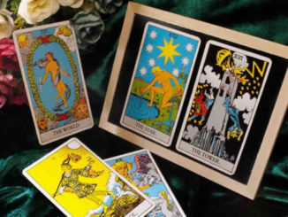 Tarotkarten mit Welt, Stern, Turm und Narr auf grünem Stoff neben Rosen