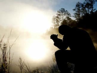 Wer bin ich? Symbolbild einer sitzenden Silhouette im Morgennebel