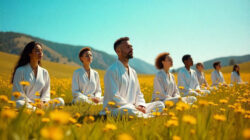 Atem und Spiritualität: symbolische Darstellung einer meditierenden Gruppe auf einer Blumenwiese Atem und Spiritualität: symbolische Darstellung einer meditierenden Gruppe auf einer Blumenwiese