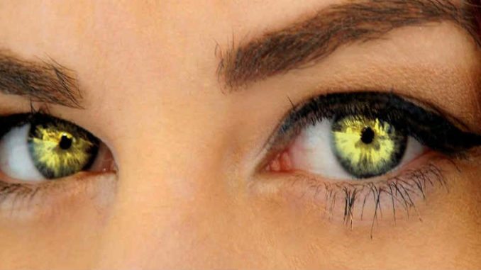 grüne leuchtende Augen in Nahaufnahme
