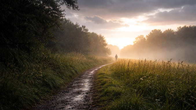 matschiger Waldweg mit Sonne im Hintergrund