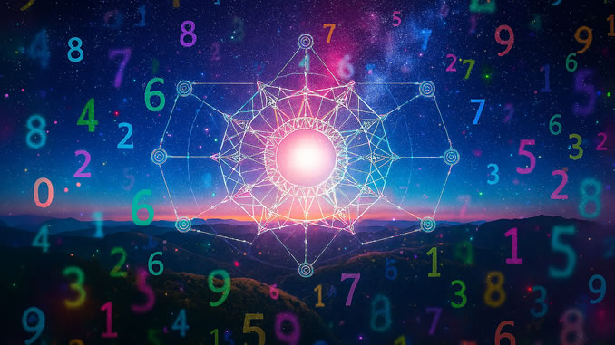 Zahl 6 Bedeutung: bunte Zahlen um ein leuchtendes geometrisches Muster