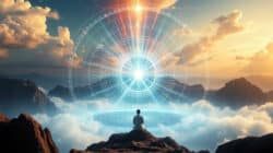 Quantenphysik und Spiritualität Quantensprung für einen meditierenden Mann auf einem Berg