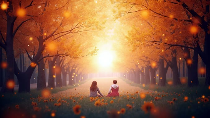 Heilende Kraft Liebe: Zwei Menschen halten sich in einem leuchtenden Wald an den Händen