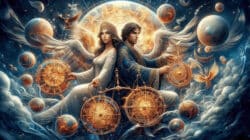 Waage Aszendent Waage – Beziehung und eigene Position Waage Aszendent Waage: Fantasieillustration zweier Figuren vor Tierkreisrädern und Planeten