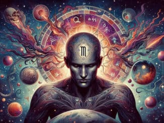 Astrologisches Symbolbild mit menschlicher Figur, Tierkreis und leuchtenden Himmelskörpern