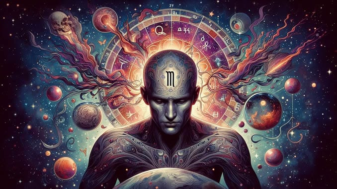 Astrologisches Symbolbild mit menschlicher Figur, Tierkreis und leuchtenden Himmelskörpern