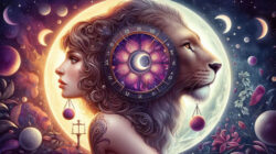 Löwe Aszendent Waage: Fantasieillustration mit Frauenprofil, Löwenkopf und Tierkreis zwischen Monden und Planeten