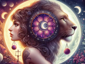 Löwe Aszendent Waage: Fantasieillustration mit Frauenprofil, Löwenkopf und Tierkreis zwischen Monden und Planeten