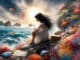 Fische Aszendent Skorpion: Fantasieillustration mit Frau am Meer, Fischen und Tierkreis