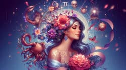 Krebs Aszendent Jungfrau – Illustration einer Frau mit Blumen und astrologischen Symbolen