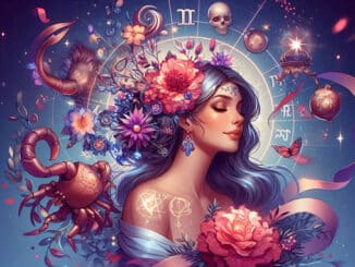 Krebs Aszendent Jungfrau – Illustration einer Frau mit Blumen und astrologischen Symbolen
