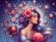 Krebs Aszendent Jungfrau – Illustration einer Frau mit Blumen und astrologischen Symbolen