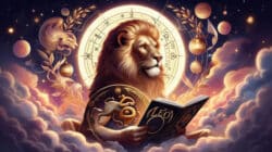 Löwe Aszendent Löwe: Illustration eines Löwen mit Buch vor einem leuchtenden Himmelskreis