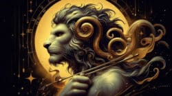 Löwe Aszendent Schütze – stilisierter Löwenkopf vor einem goldenen Kreis