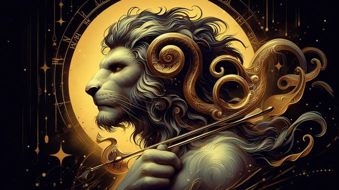 Löwe Aszendent Schütze – stilisierter Löwenkopf vor einem goldenen Kreis
