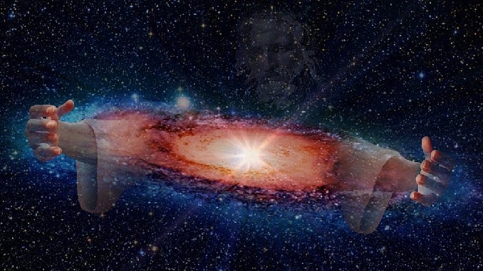 Mensch und Galaxie als Symbolmontage zu Karma Symbolbild zu Karma: Mensch mit ausgebreiteten Armen vor Sternen und einer Galaxie