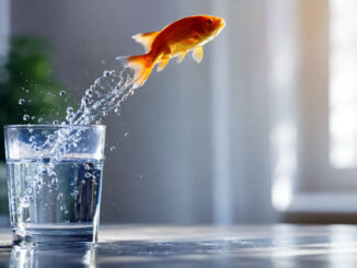 Eigensinn als Symbolbild: Ein Goldfisch springt aus einem Wasserglas