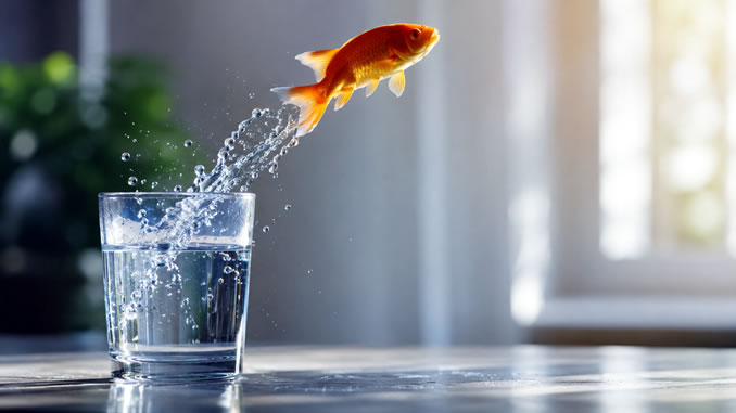 Eigensinn als Symbolbild: Ein Goldfisch springt aus einem Wasserglas