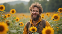 Lachen mann im Sonnenblumenfeld