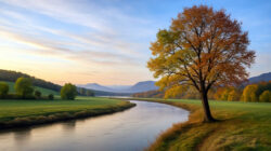 Wandel und Beständigkeit im Bild eines Flusses Veränderungen im Leben: Baum mit herbstlichen Blättern an einem Fluss
