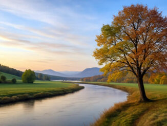 Baum mit herbstlichen Blättern an einem Fluss im Abendlicht