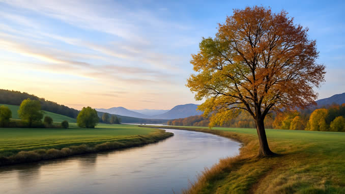 Baum mit herbstlichen Blättern an einem Fluss im Abendlicht