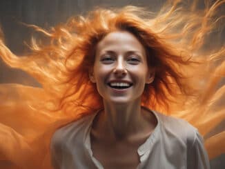 Orangefarbene Aura als KI-Illustration: lachende Frau mit orangefarbenem Licht um Kopf und Haare