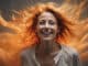 Orangefarbene Aura als KI-Illustration: lachende Frau mit orangefarbenem Licht um Kopf und Haare
