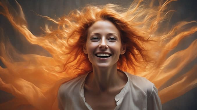 Orangefarbene Aura als KI-Illustration: lachende Frau mit orangefarbenem Licht um Kopf und Haare
