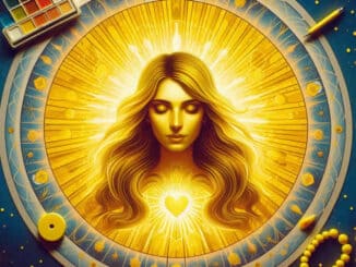 Gelbe Aura als KI-Illustration: Frau mit geschlossenen Augen, goldenem Strahlenkranz und leuchtendem Herzmotiv