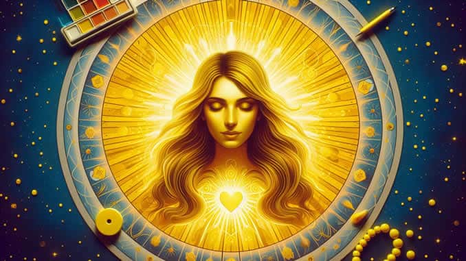 Gelbe Aura als KI-Illustration: Frau mit geschlossenen Augen, goldenem Strahlenkranz und leuchtendem Herzmotiv
