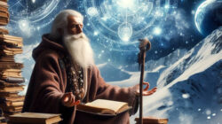 Spirituelle Sprüche: Illustration eines älteren Mannes mit Büchern vor einem Sternenhimmel