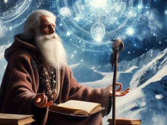 Spirituelle Sprüche: Illustration eines älteren Mannes mit Büchern vor einem Sternenhimmel