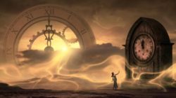 Chaosmagie: Fantasy-Landschaft mit großen Uhren im Abendlicht