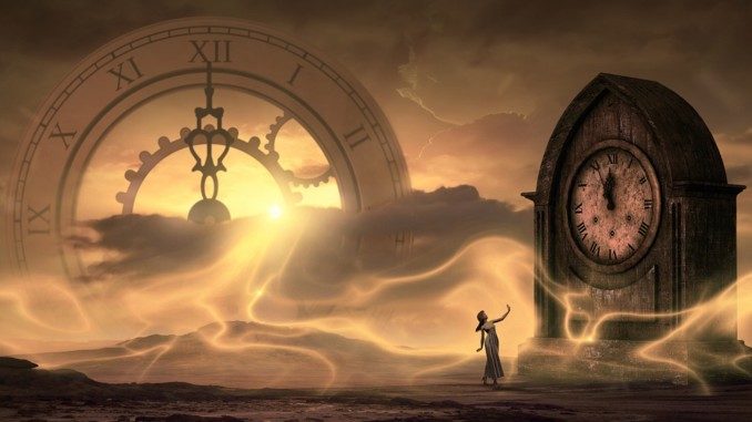 Chaosmagie: Fantasy-Landschaft mit großen Uhren im Abendlicht