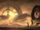 Chaosmagie: Fantasy-Landschaft mit großen Uhren im Abendlicht
