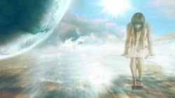 Astralreisen als Symbolbild: Frau im weißen Kleid vor Wolken und einem Planeten