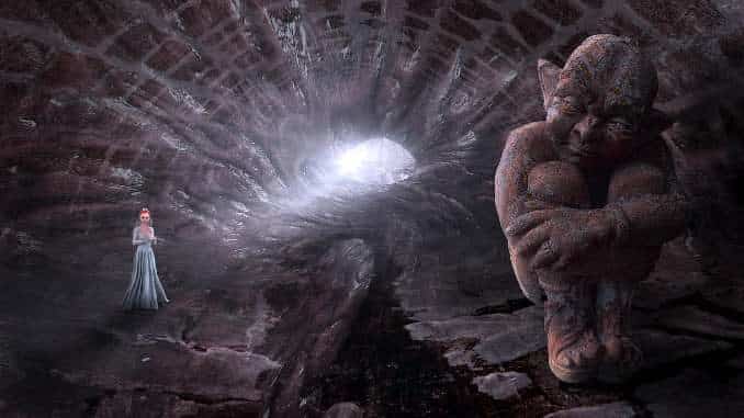 Frau und koboldartige Figur in einer Höhle – Fantasiemotiv zum Beitrag über Kobolde