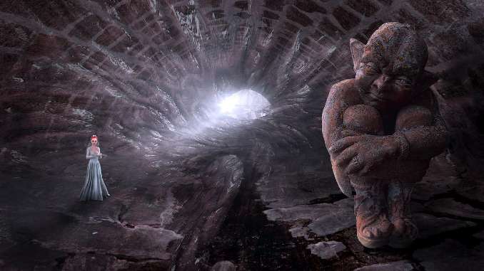 Frau und koboldartige Figur in einer Höhle – Fantasiemotiv zum Beitrag über Kobolde