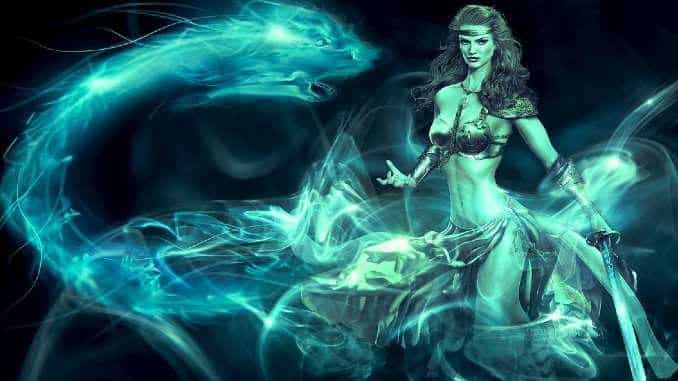 Fantasy-Frau mit einem türkis leuchtenden schlangenartigen Wesen