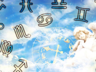 Partner und Sternzeichen: Tierkreiszeichen und Engel vor blauem Himmel mit Wolken
