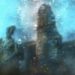 Lemuria-Mythos: symbolische Unterwasser-Ruinen mit Turm und Statue