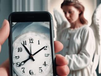 Engelszahlen als Symbolbild: Smartphone mit analoger Uhr und Engelgestalt im Hintergrund